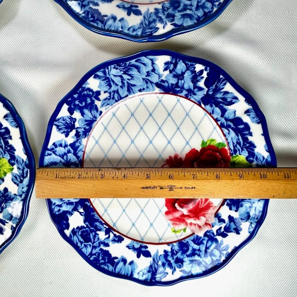 Set Of 4 Pioneer Woman Heritage Floral 10.25 Dinner Plate Cobalt Blue Red Flower